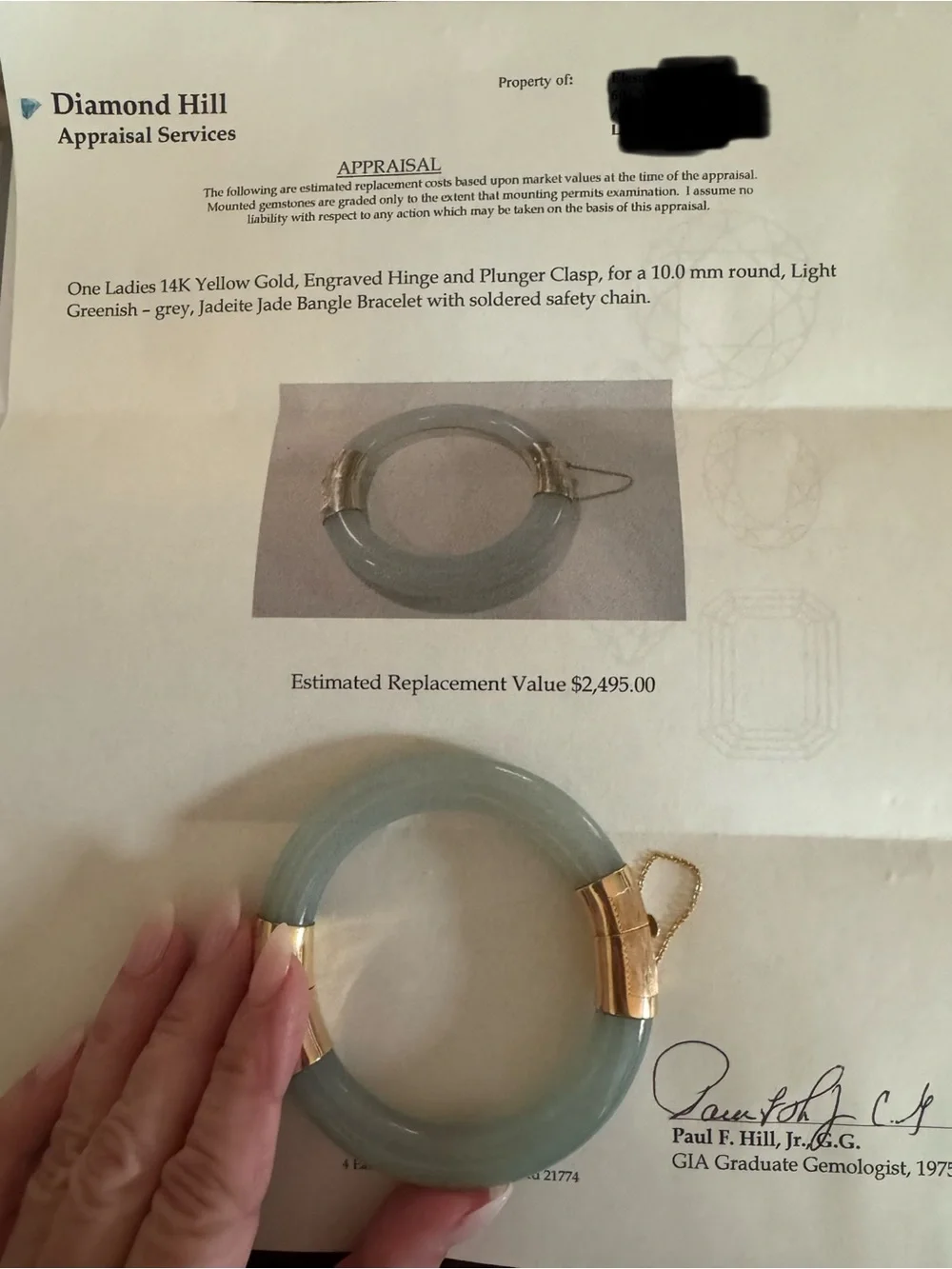 Vintage 14K Yellow Gold, Engraved Hinge and Plunger Clasp Jadeite Jade Bangle